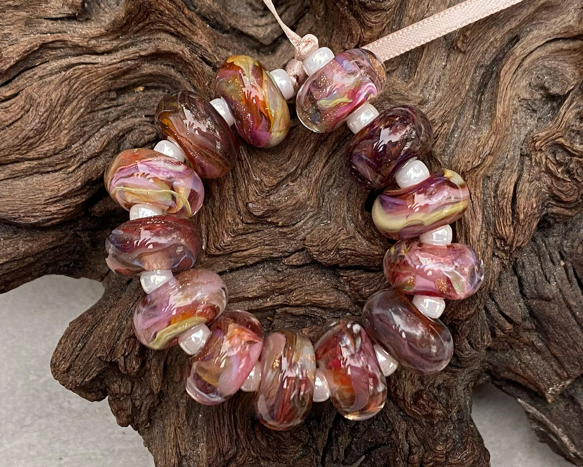 13 Strawberry Brown Swirl Lampwork Beads Set SRA