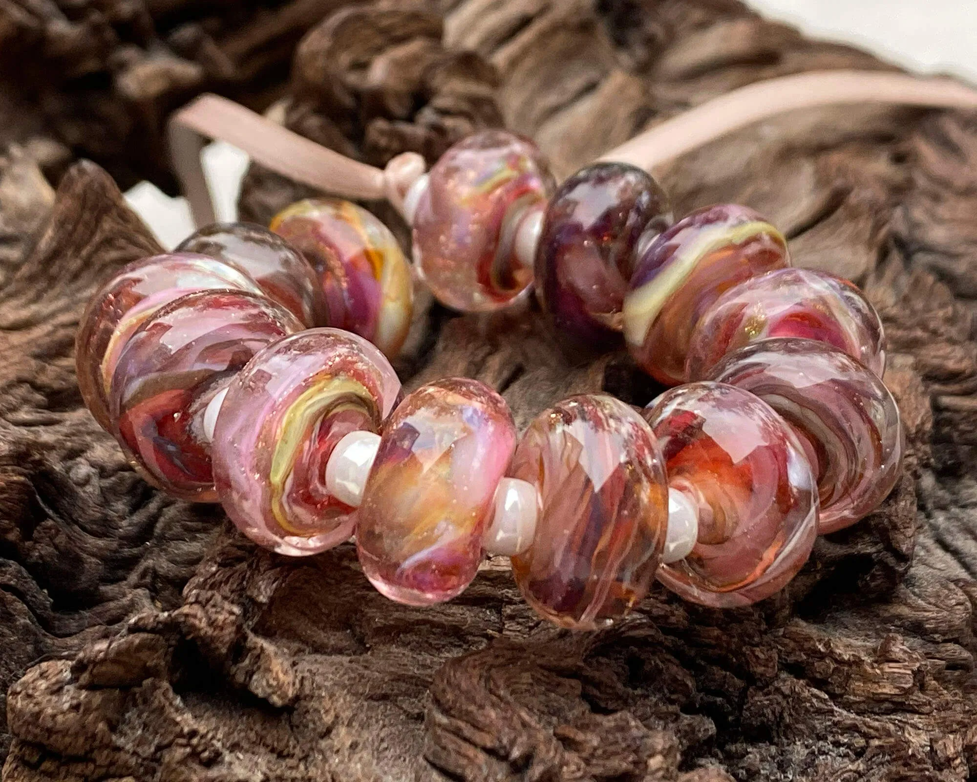 13 Strawberry Brown Swirl Lampwork Beads Set SRA