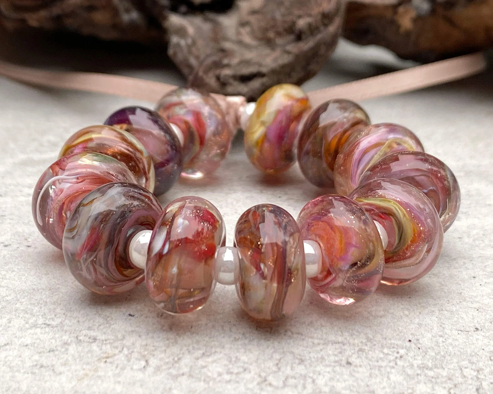 13 Strawberry Brown Swirl Lampwork Beads Set SRA