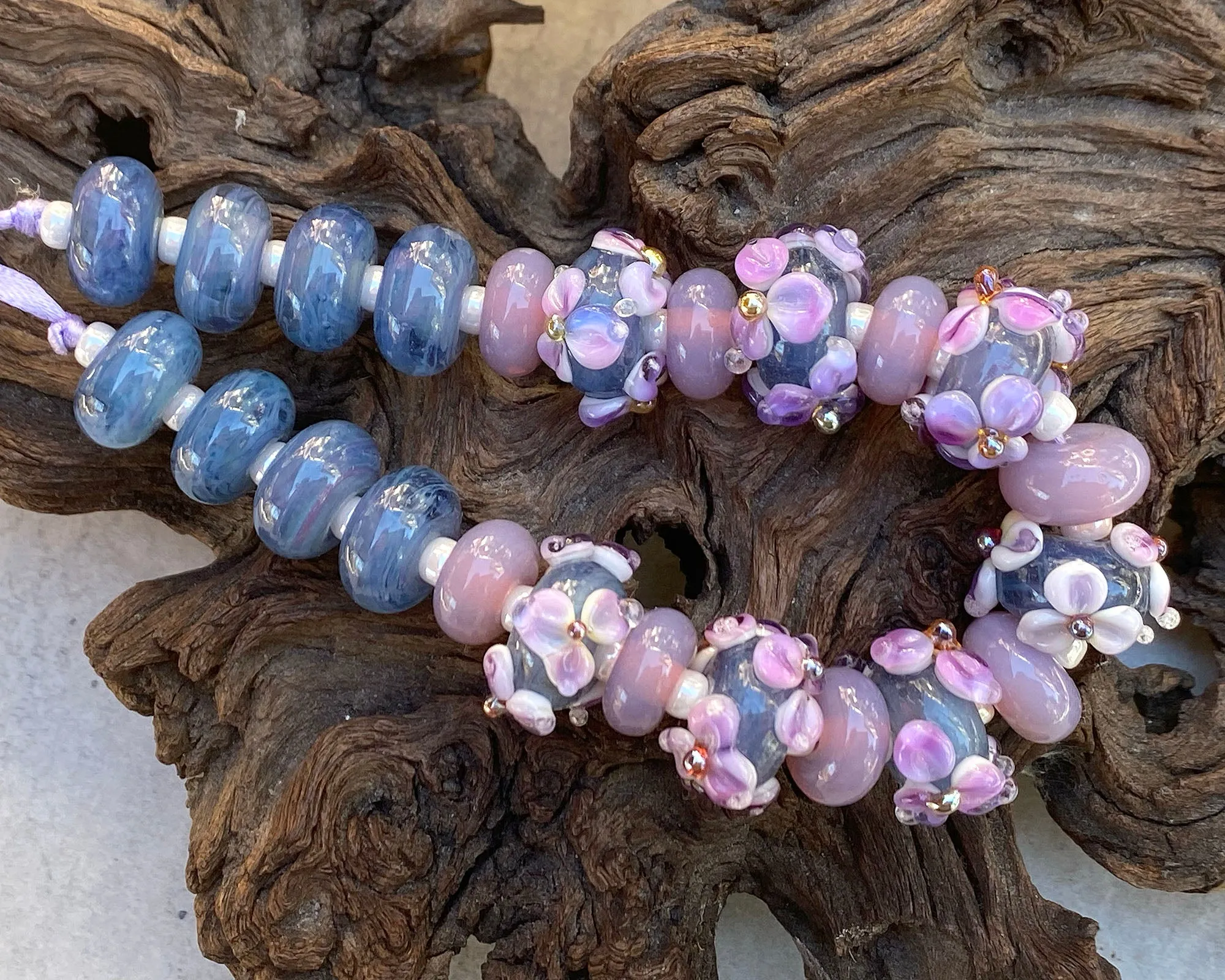 23 Purple & Blue Floral Lampwork Beads Set SRA