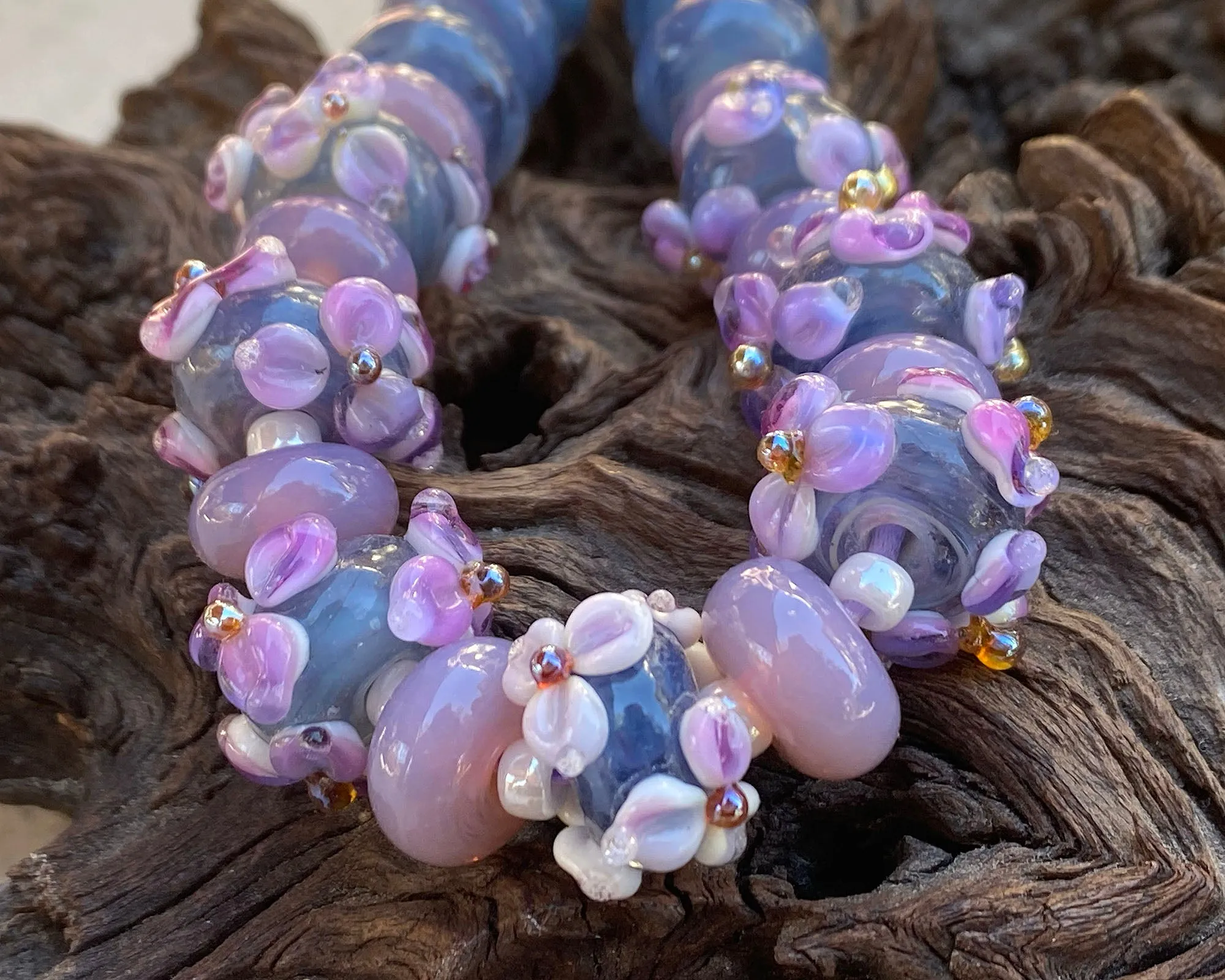 23 Purple & Blue Floral Lampwork Beads Set SRA