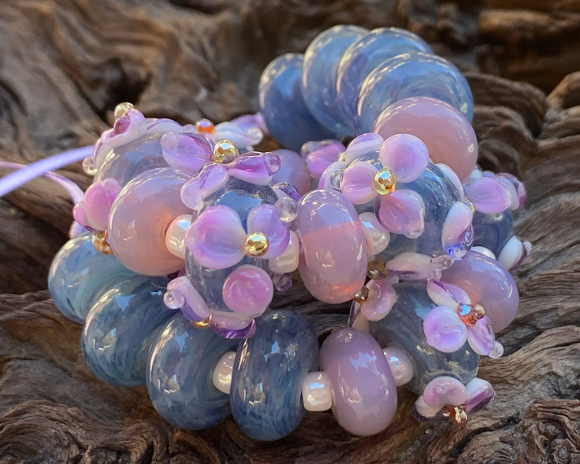 23 Purple & Blue Floral Lampwork Beads Set SRA