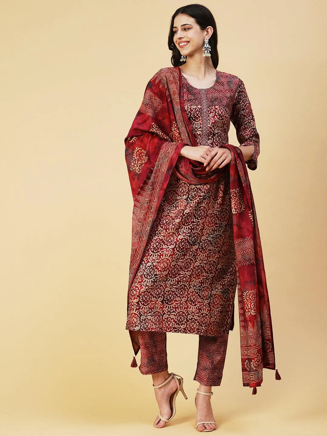 Abstract Printed Mirror Embroidered Kurta With Pants & Dupatta - Maroon