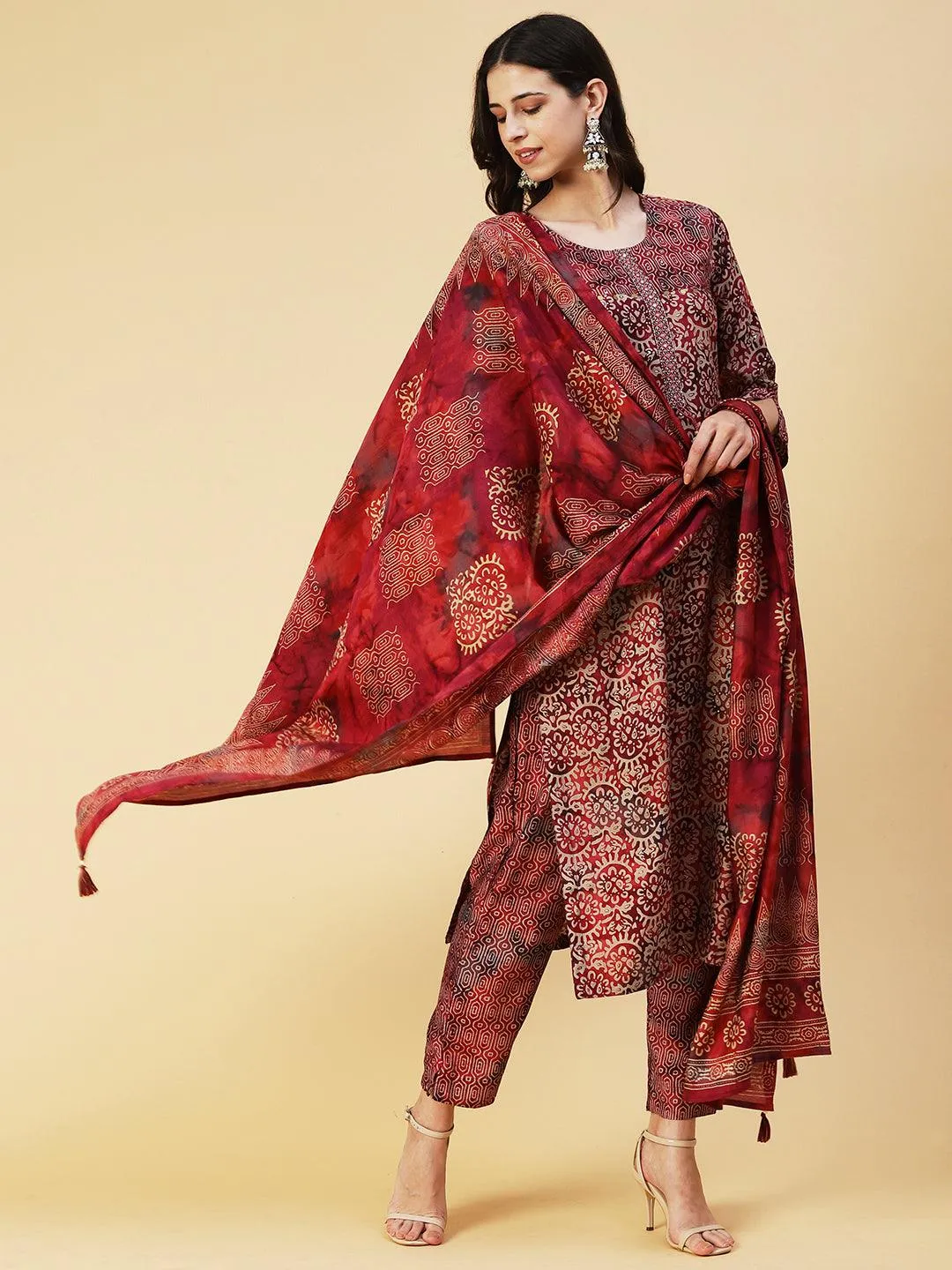 Abstract Printed Mirror Embroidered Kurta With Pants & Dupatta - Maroon