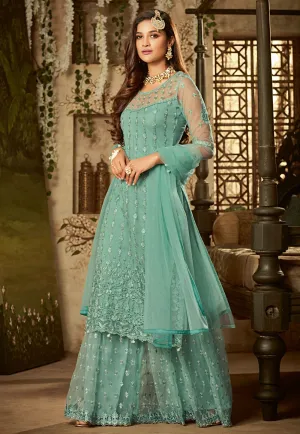 Aqua Blue Embroidered Palazzo Suit