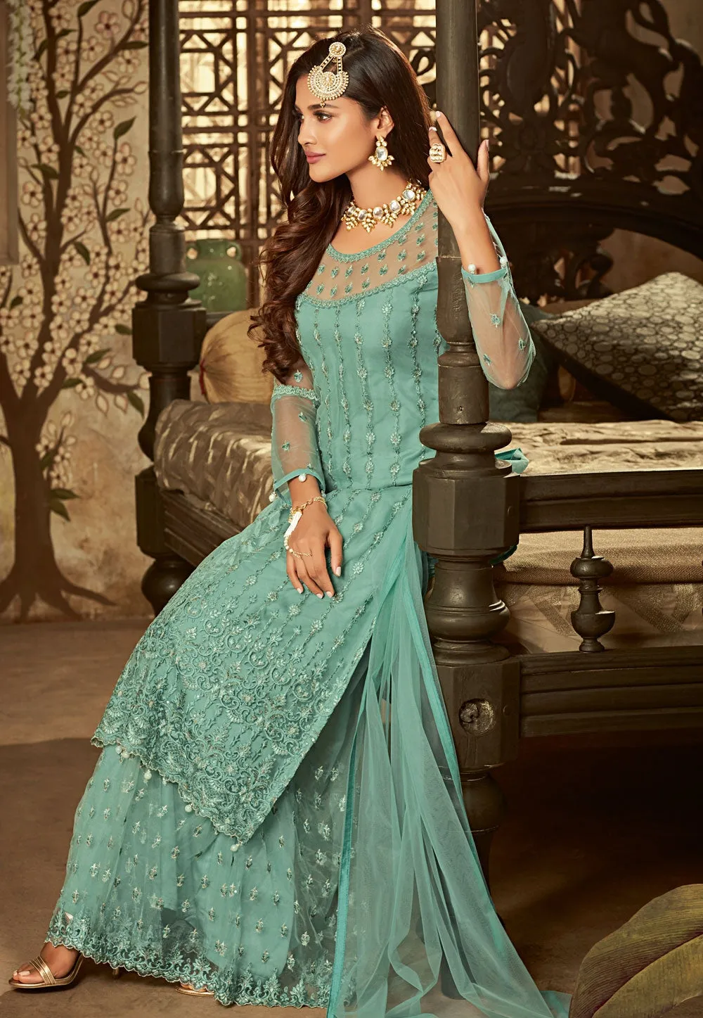 Aqua Blue Embroidered Palazzo Suit