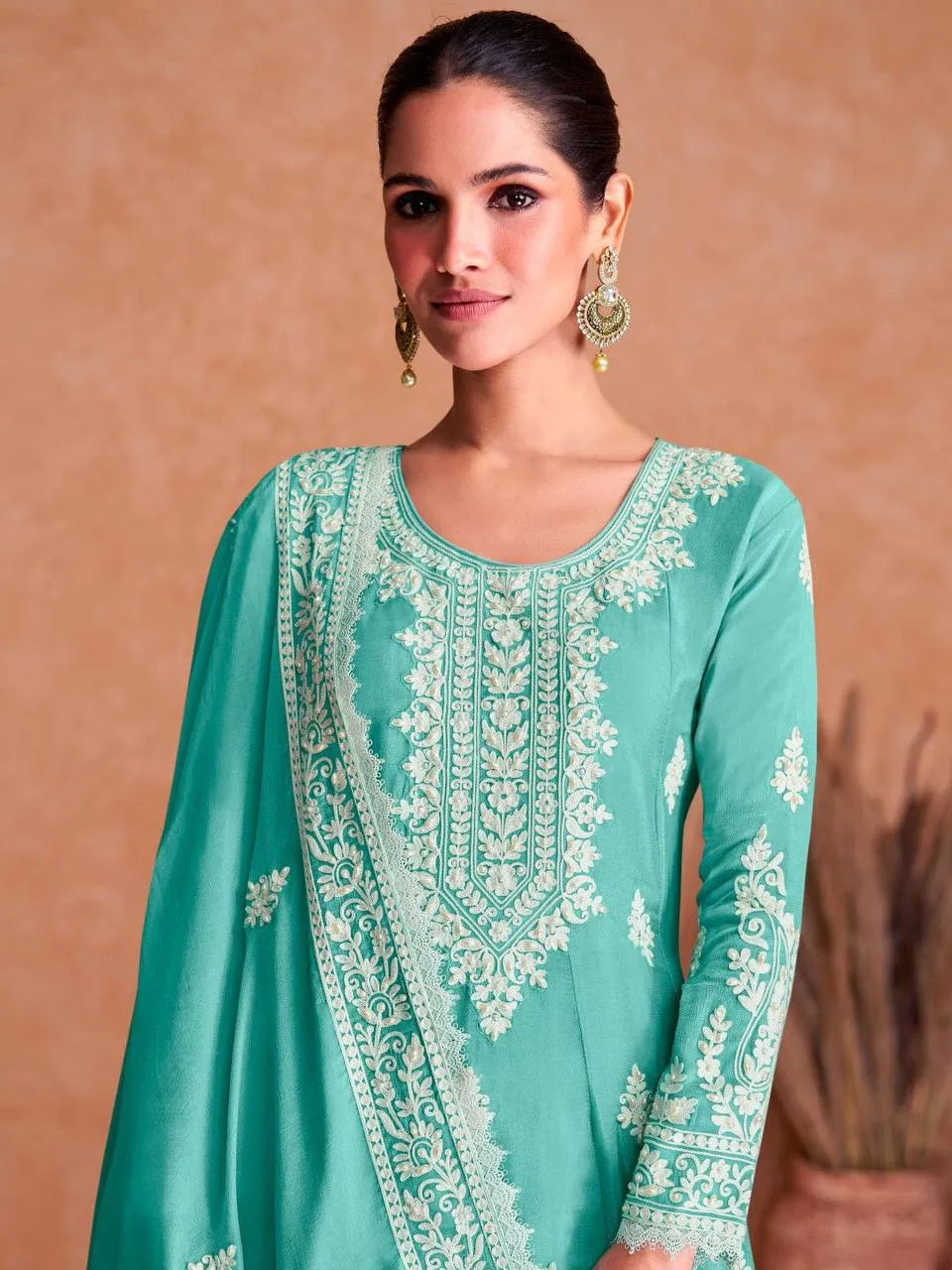 Aqua Green Embellished Chinon Zari Stitched Palazzo Suit Set