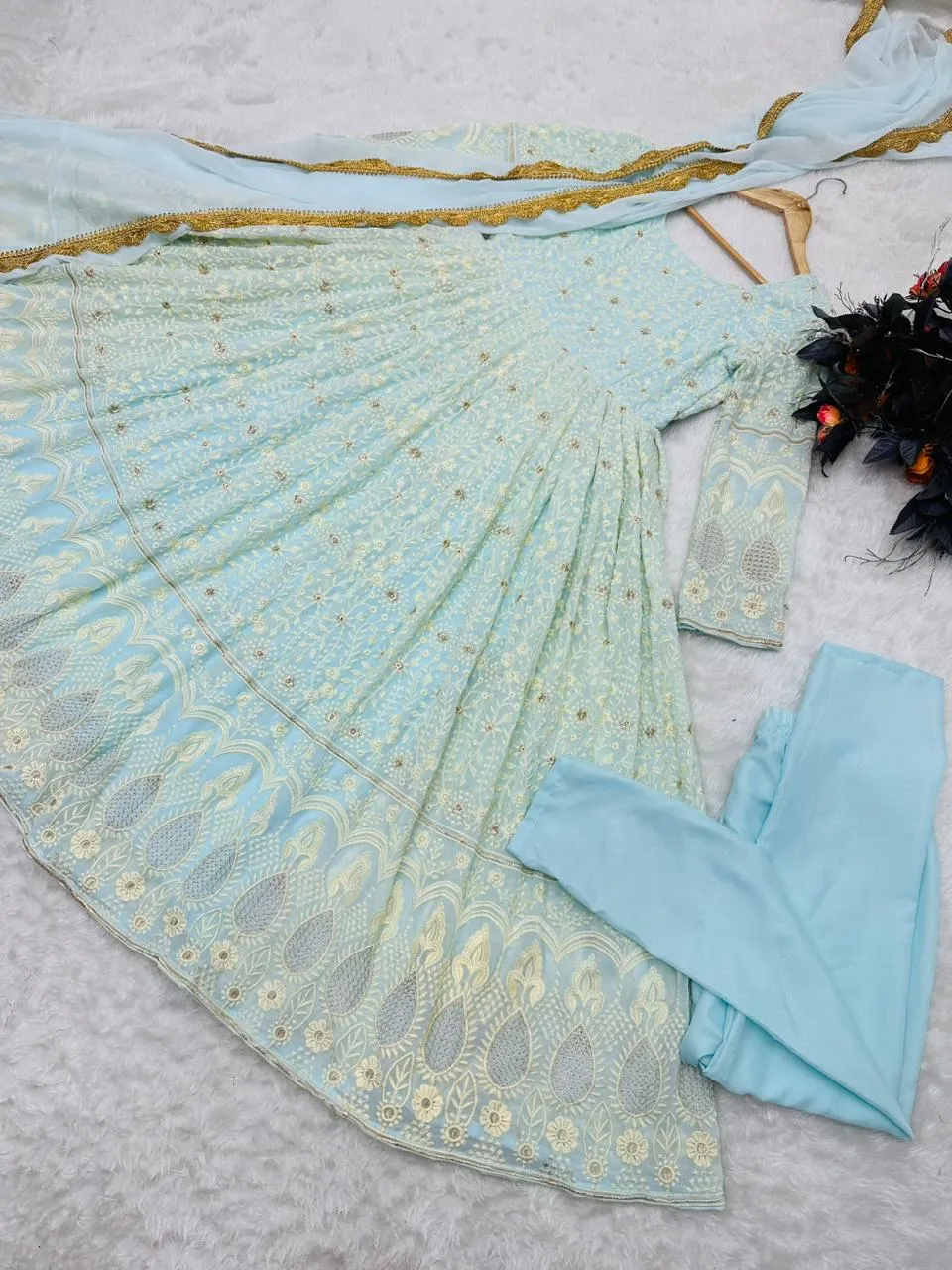 Awesome Sky Blue Embroidery Work Gown