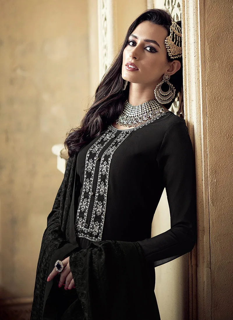 Black Allover Embroidered Designer Sharara Suit