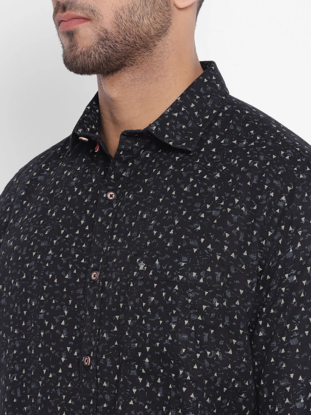 Black Cotton Printed Slim Fit Casual Shirt