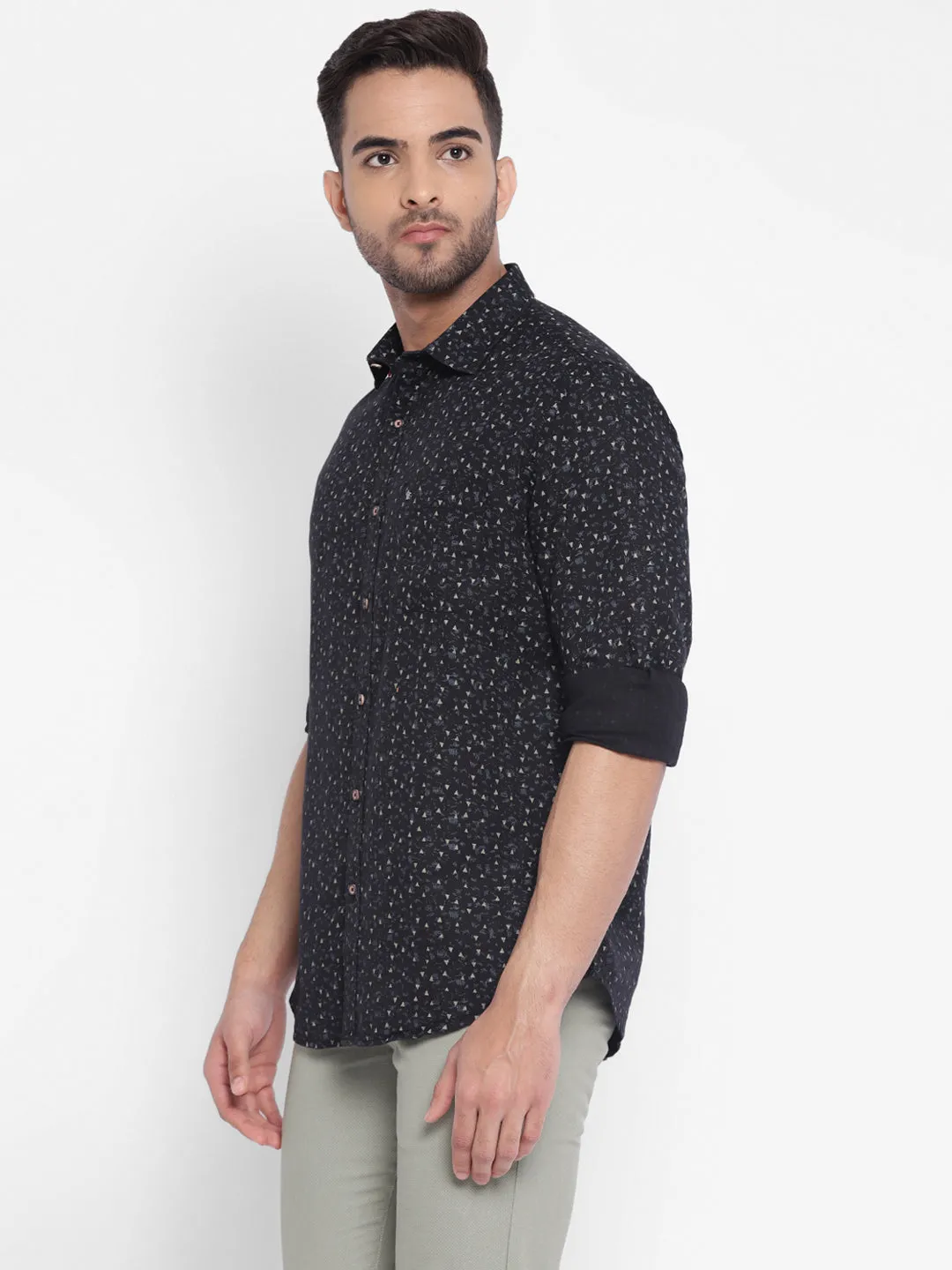 Black Cotton Printed Slim Fit Casual Shirt