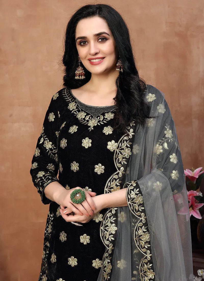 Black Embroidered Velvet Patiala Punjabi Suit