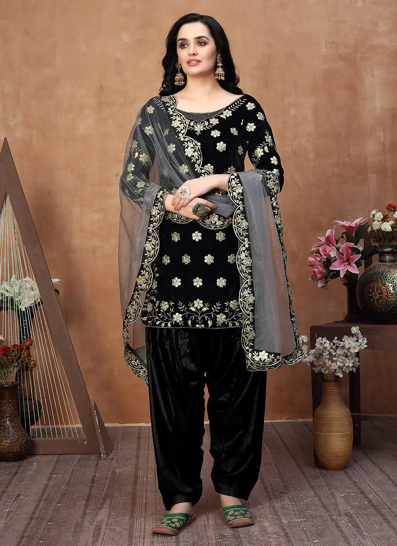 Black Embroidered Velvet Patiala Punjabi Suit