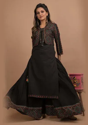 Black Ethnic Jacket Kurta Sharara Set