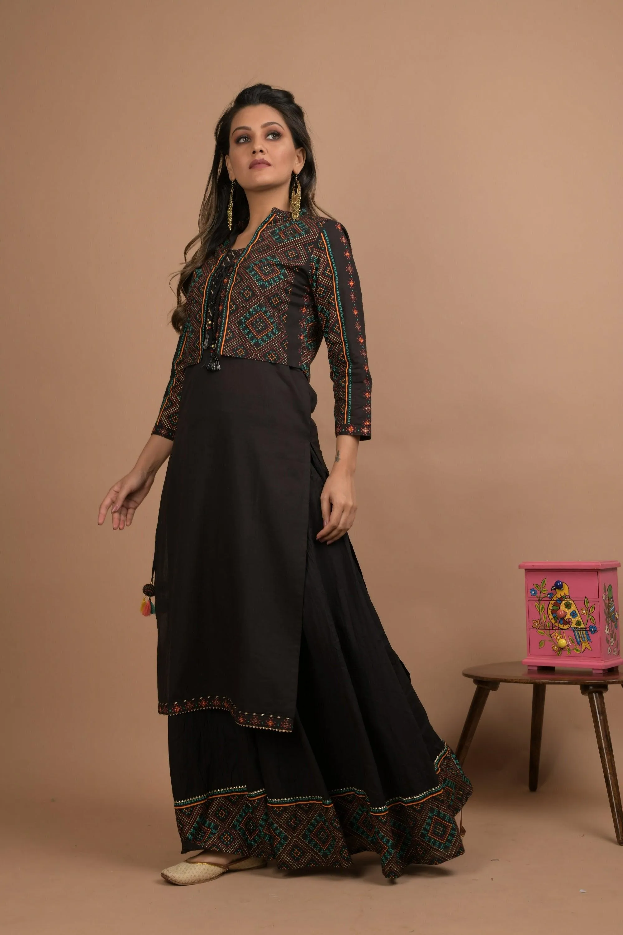 Black Ethnic Jacket Kurta Sharara Set