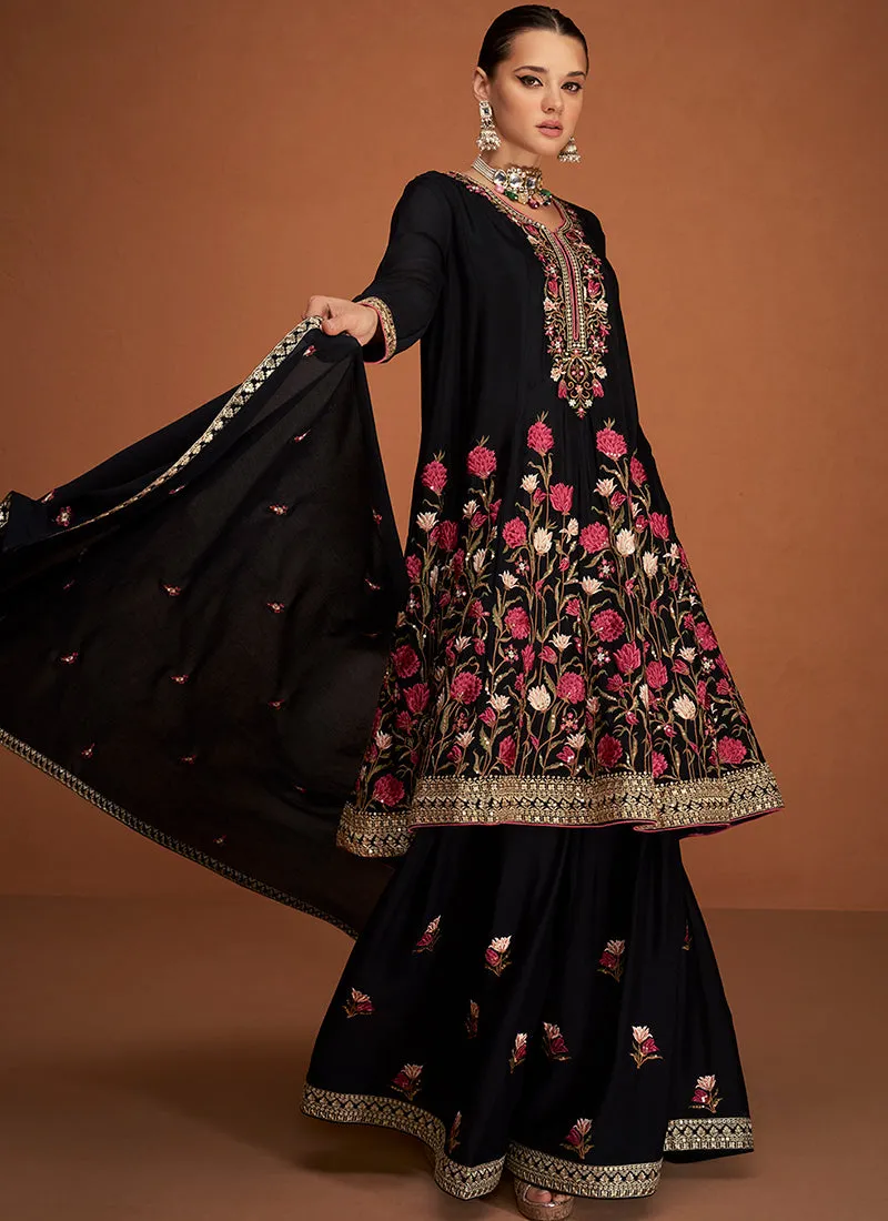 Black Sequence Embroidery Sharara Style Suit