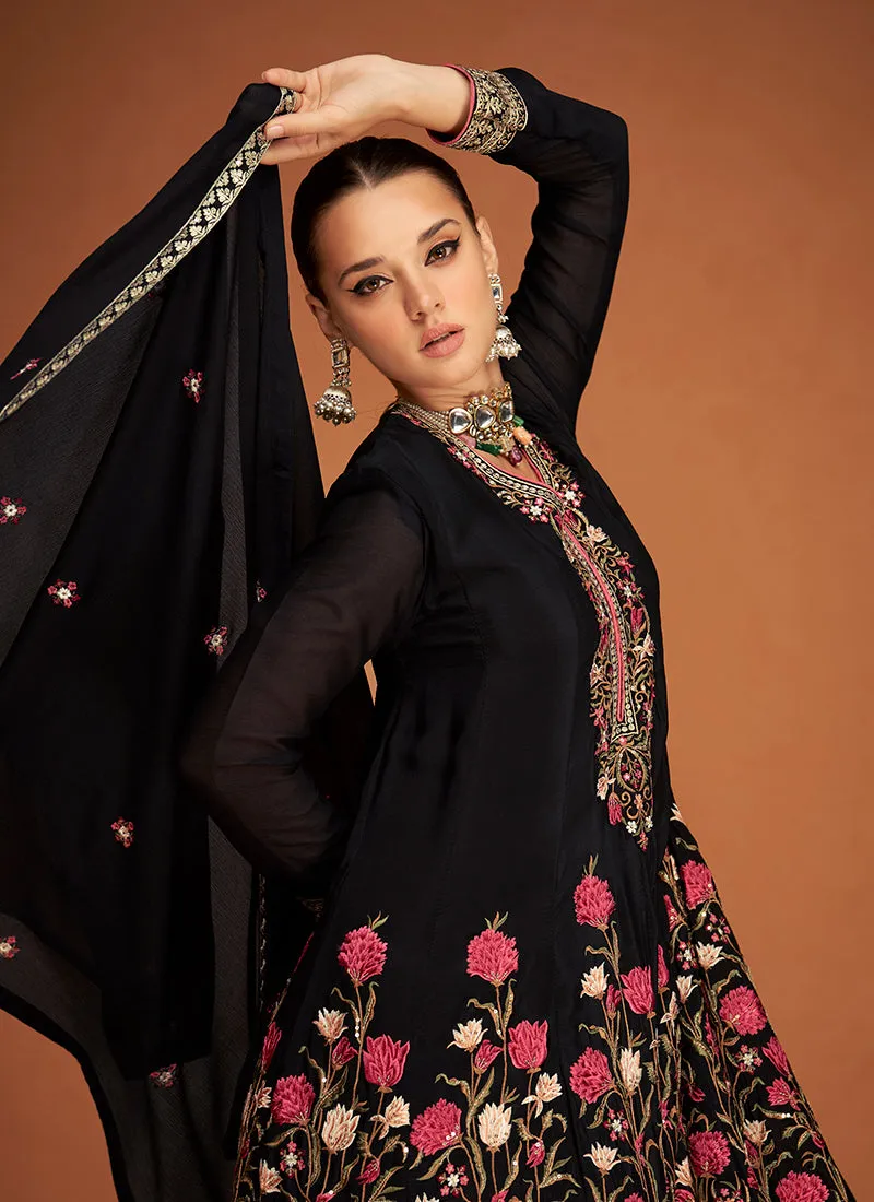 Black Sequence Embroidery Sharara Style Suit