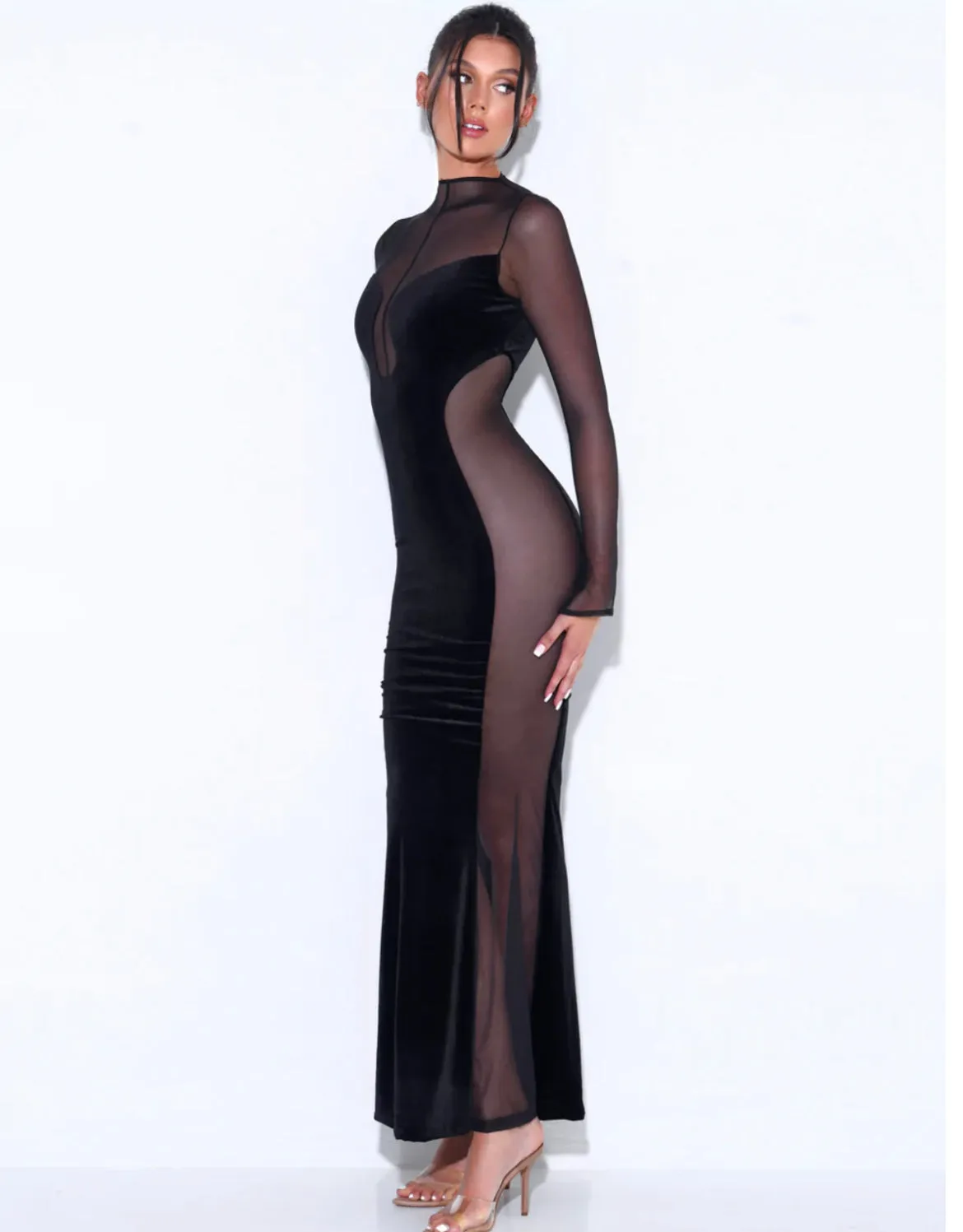 BLACK VELVET MESH MAXI GOWN