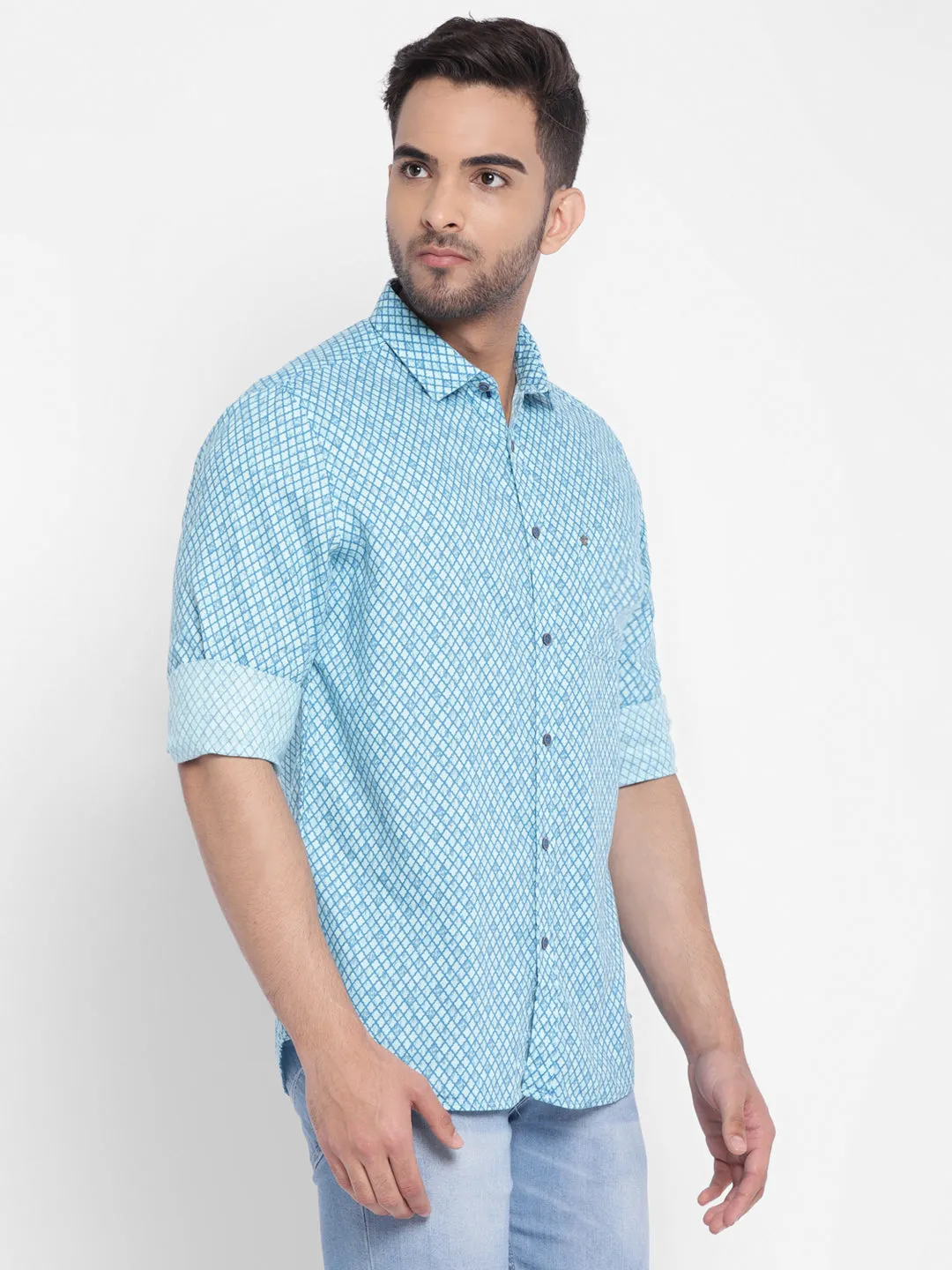 Blue Cotton Printed Slim Fit Shirt