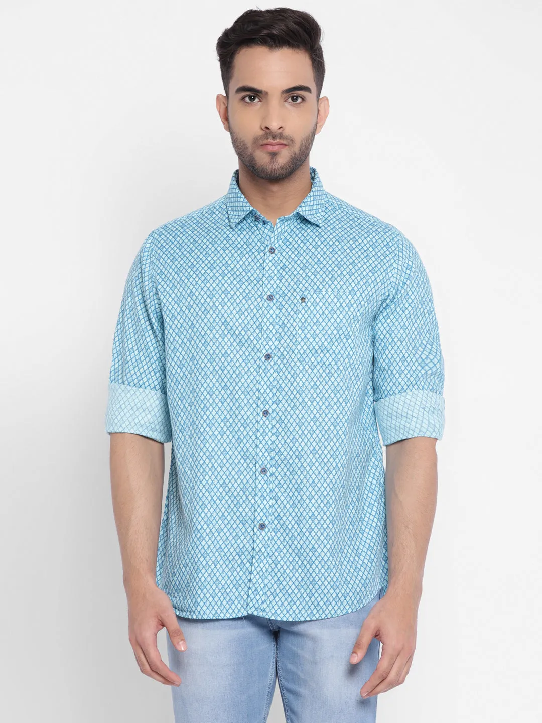 Blue Cotton Printed Slim Fit Shirt