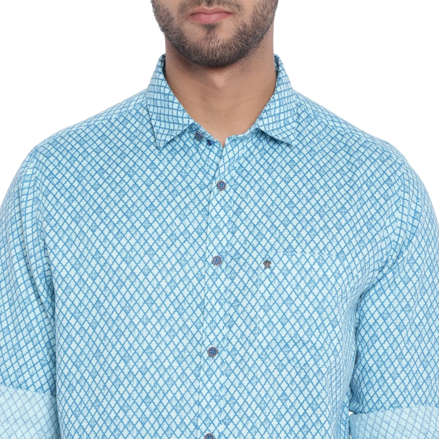 Blue Cotton Printed Slim Fit Shirt