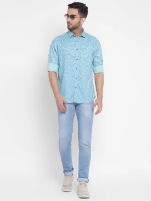 Blue Cotton Printed Slim Fit Shirt