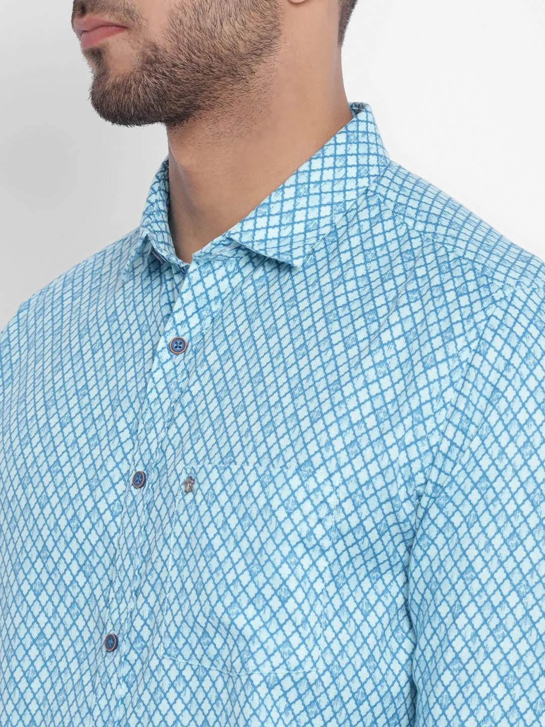 Blue Cotton Printed Slim Fit Shirt