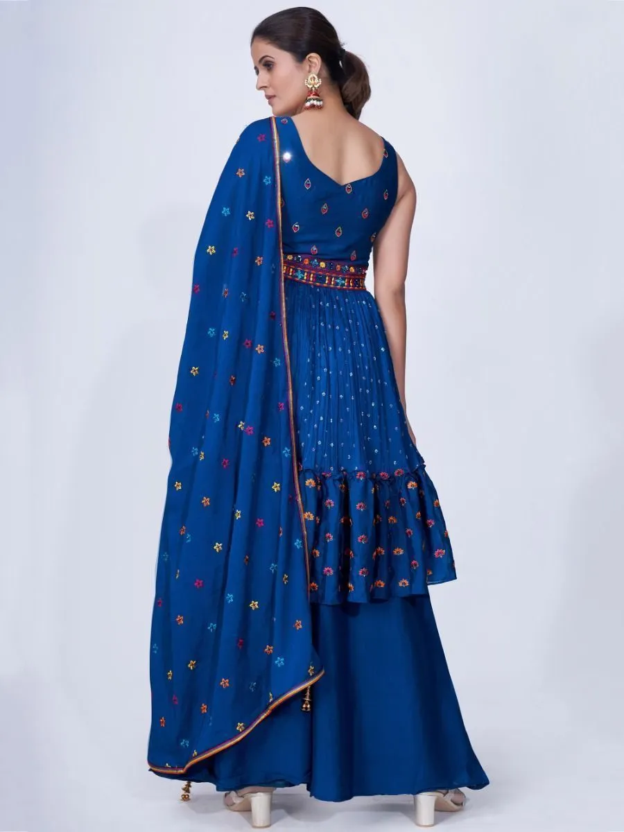 Blue Mirror Work Multi Embroidery Chiffon Palazzo Suit