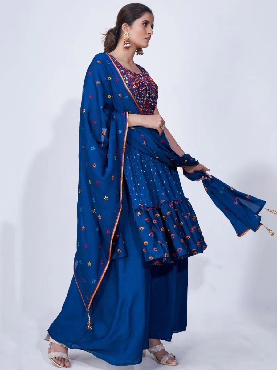 Blue Mirror Work Multi Embroidery Chiffon Palazzo Suit