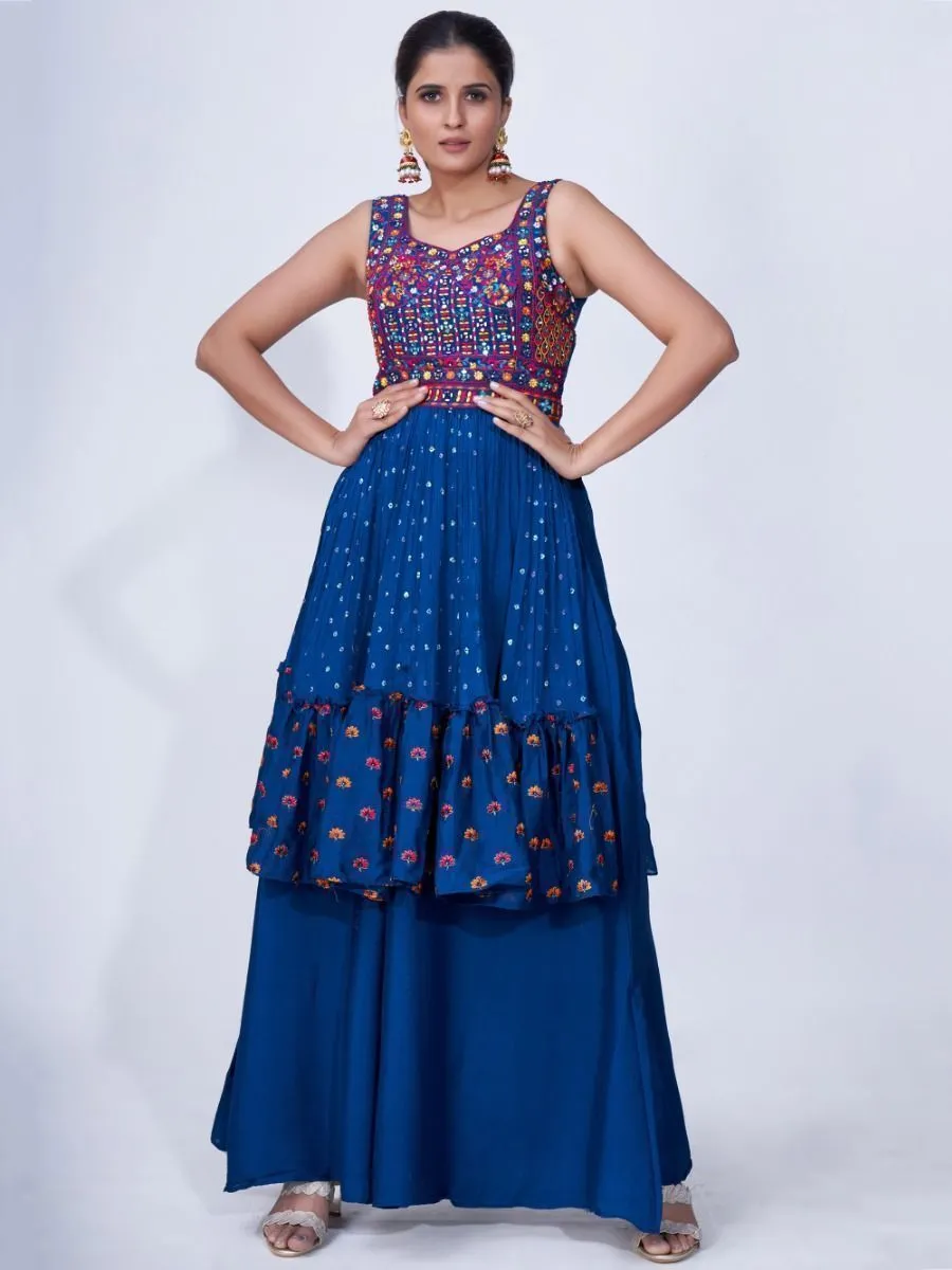 Blue Mirror Work Multi Embroidery Chiffon Palazzo Suit