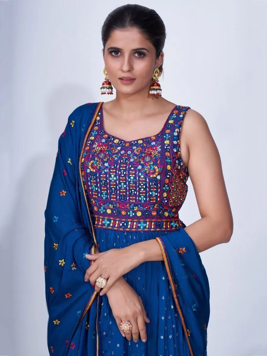 Blue Mirror Work Multi Embroidery Chiffon Palazzo Suit