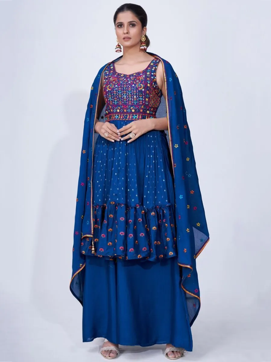 Blue Mirror Work Multi Embroidery Chiffon Palazzo Suit