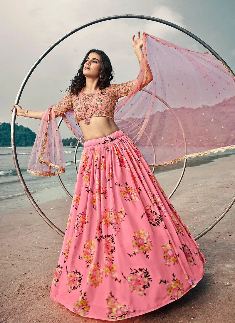 Blush Pink Floral Prints And Embroidered Lehenga Choli