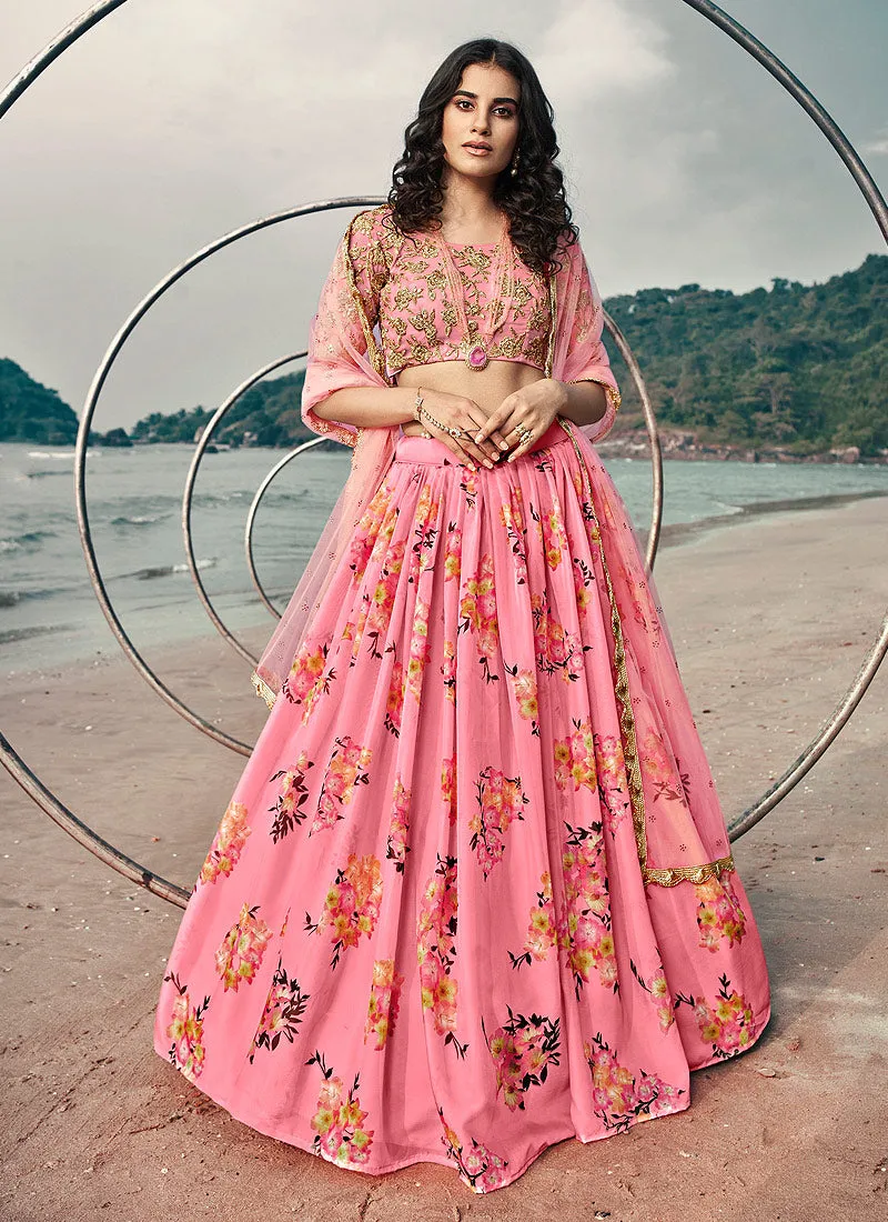 Blush Pink Floral Prints And Embroidered Lehenga Choli