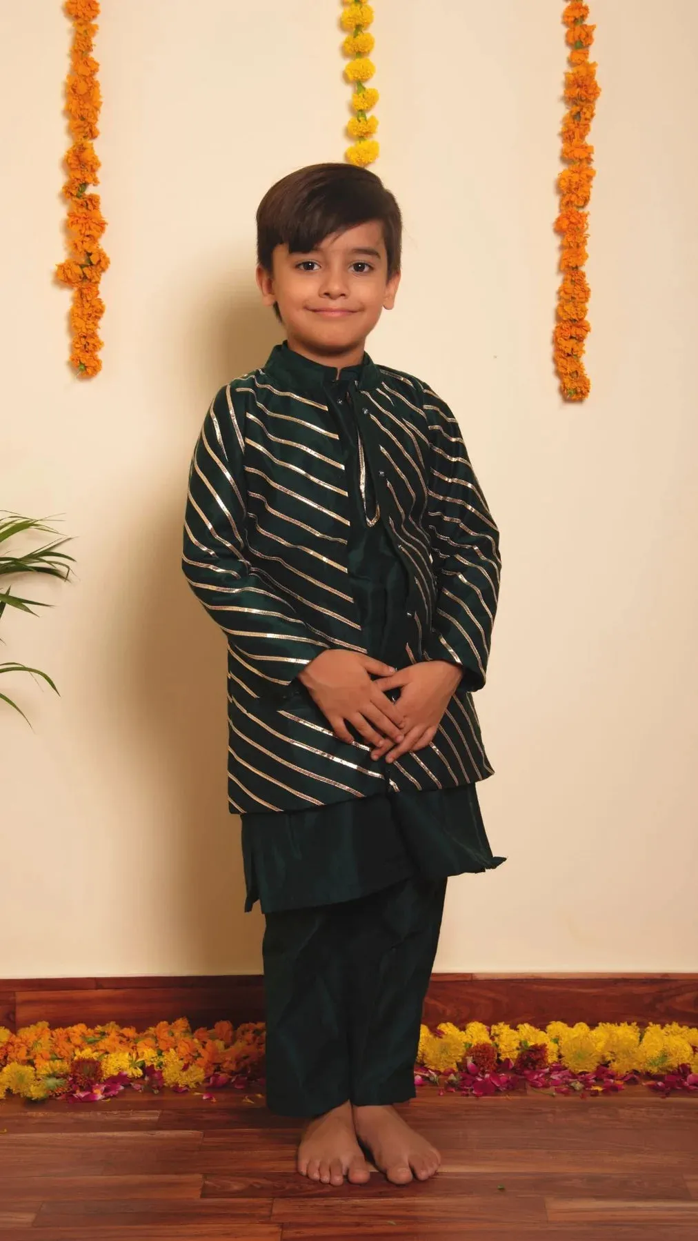 Boys Green Cotton Silk Kurta Pant Set with Nehru Jacket