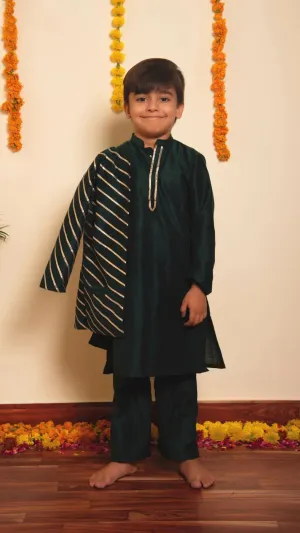 Boys Green Cotton Silk Kurta Pant Set with Nehru Jacket