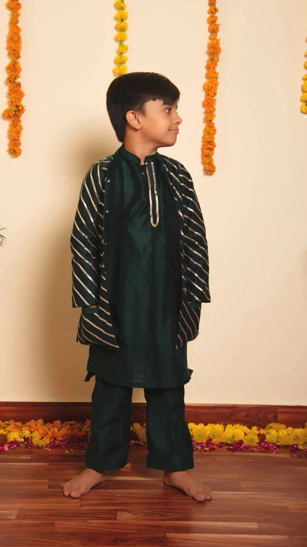 Boys Green Cotton Silk Kurta Pant Set with Nehru Jacket