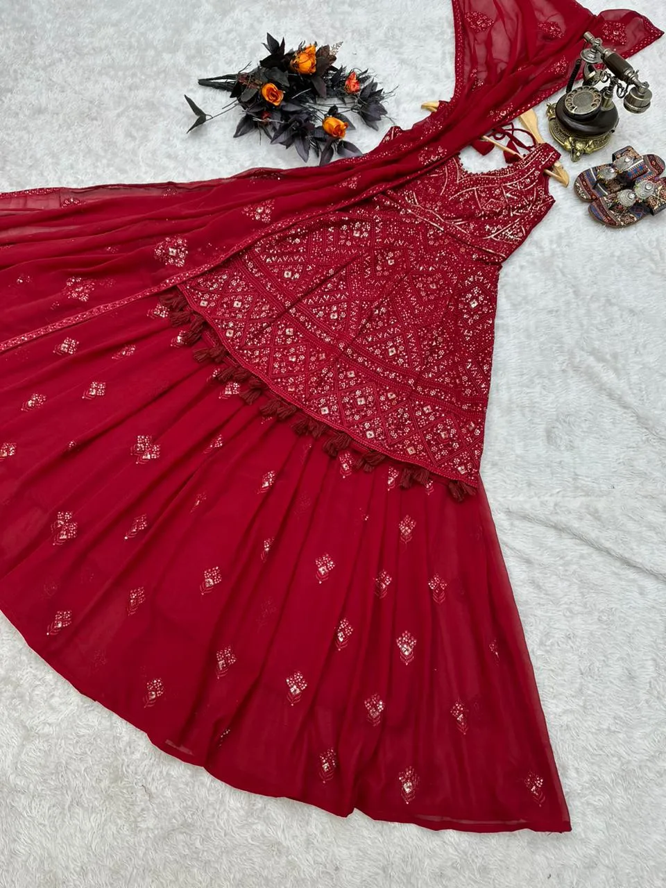 Celebrity Style Maroon Color Top With Lehenga