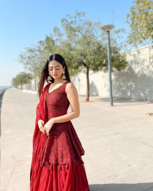 Celebrity Style Maroon Color Top With Lehenga