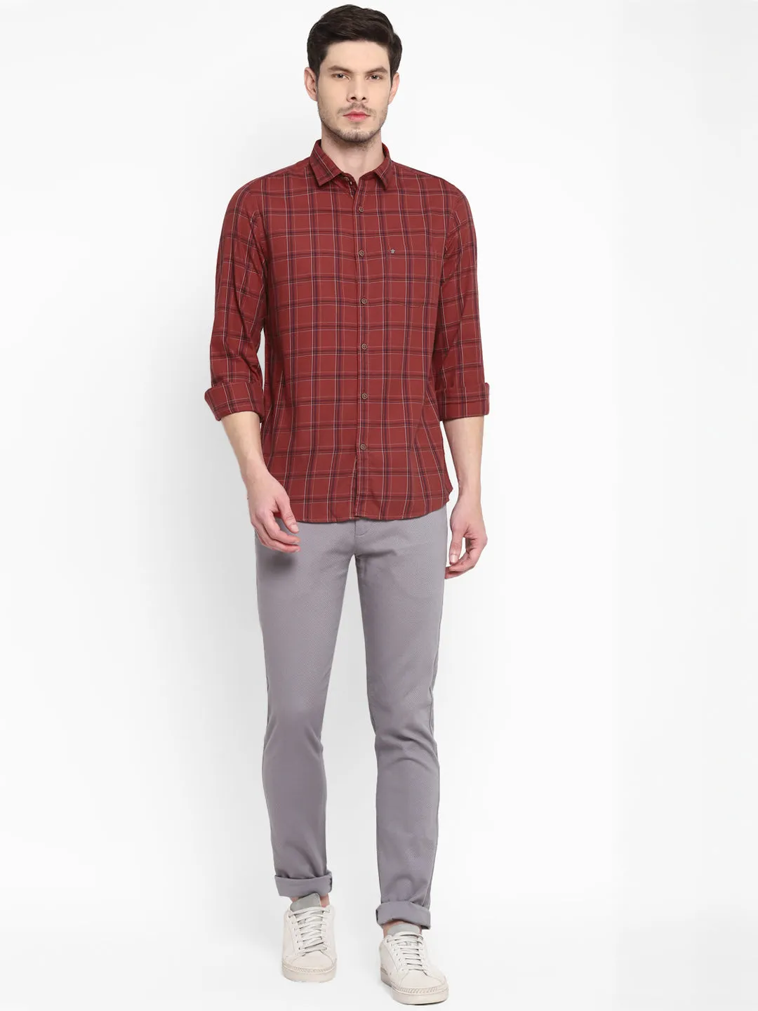 Checked Maroon Slim Fit Causal Shirt