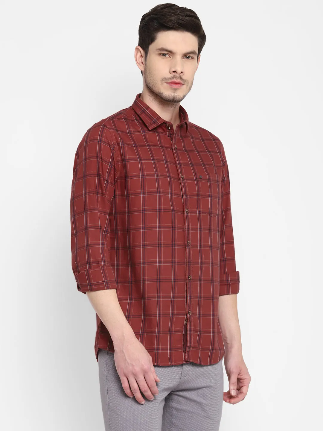 Checked Maroon Slim Fit Causal Shirt