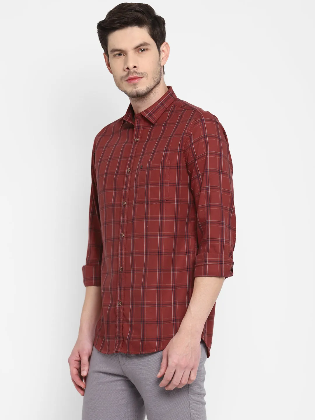 Checked Maroon Slim Fit Causal Shirt