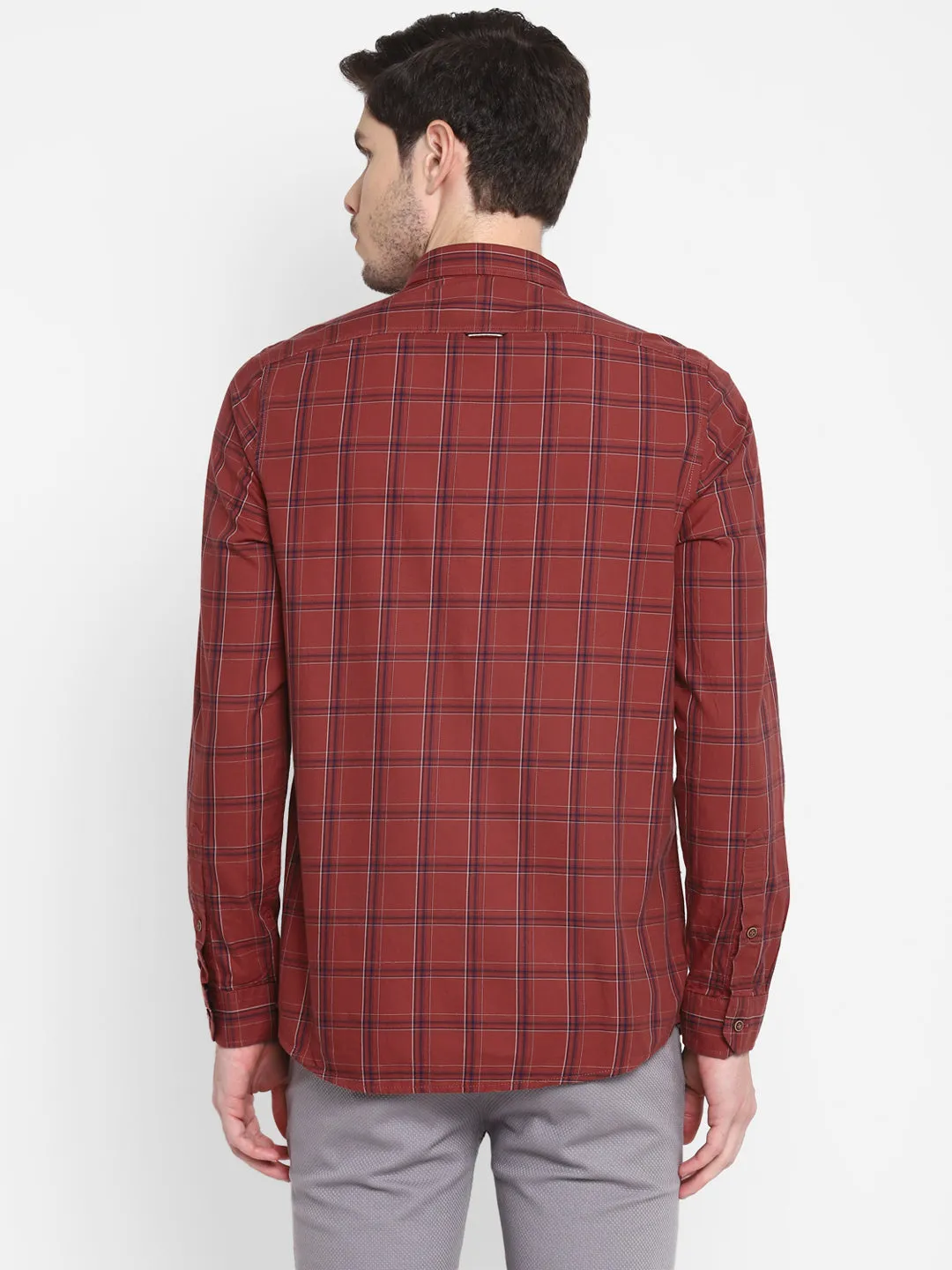 Checked Maroon Slim Fit Causal Shirt