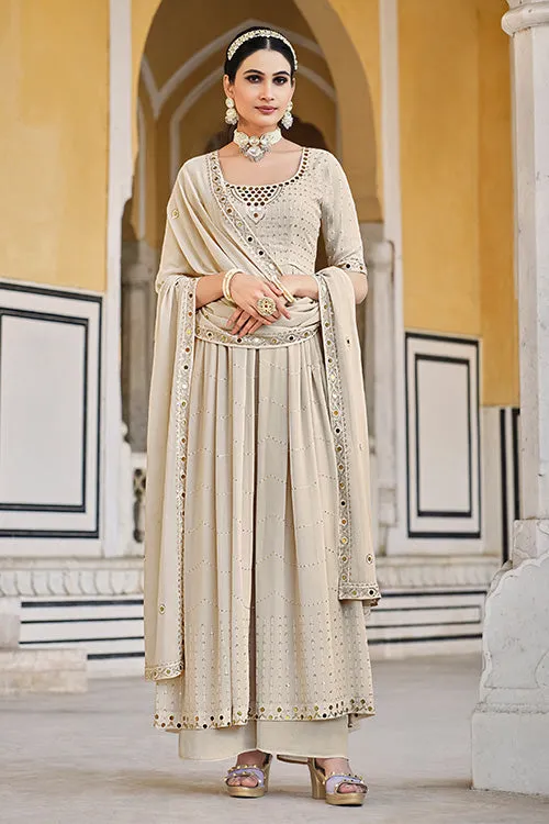 Chiku Georgette Embroidered Work Kurta Palazzo Dupatta Set