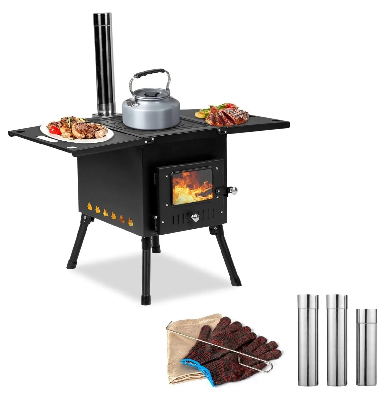 classic Camping Wood Stove, Outdoor Portable Tent Wood Burning Stove with Stainless Chimney Pipes, Tent Stove Jack & Gloves for Outdoor Camping Cooking and Heating 3-4 People Use(Black)