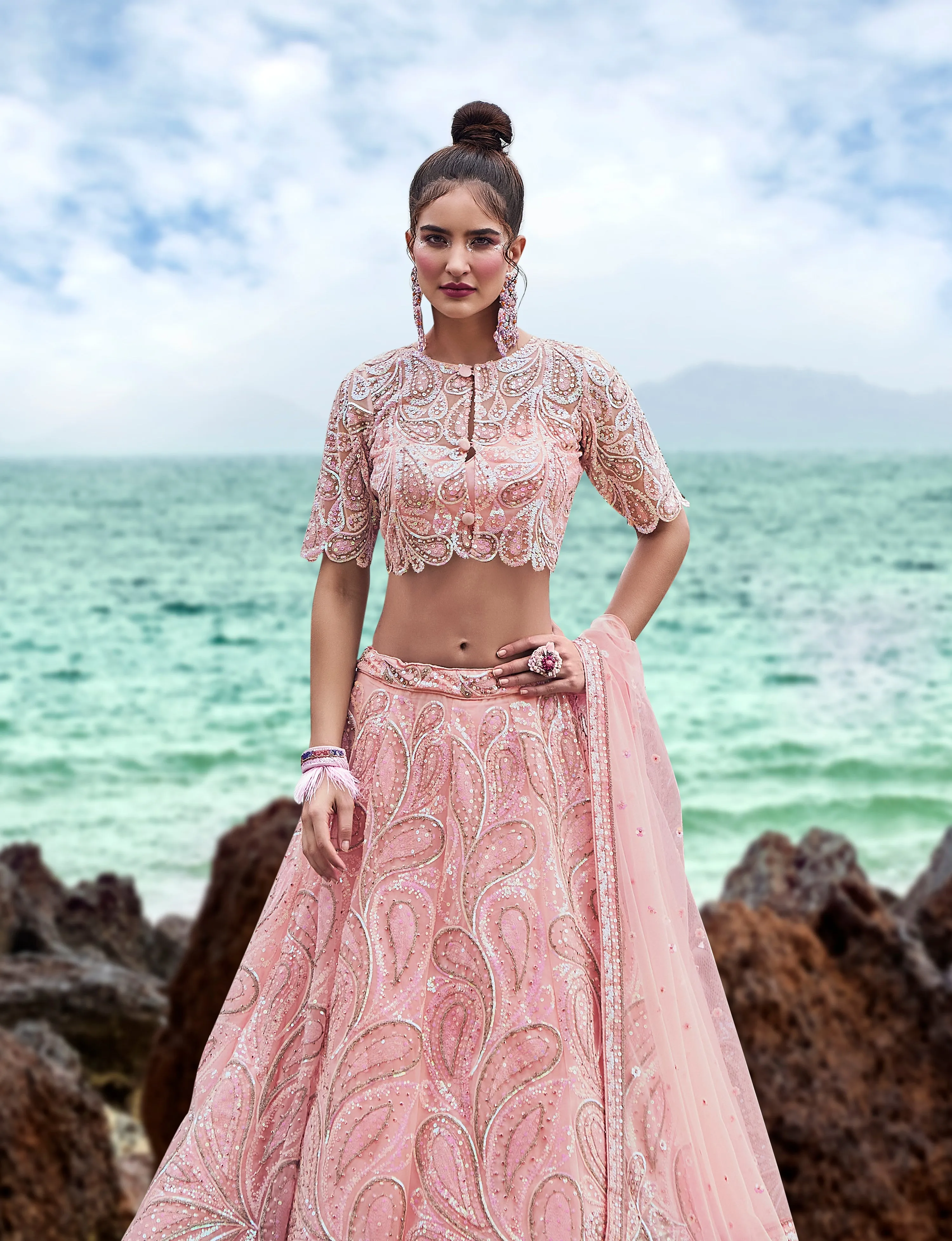 Coral Net Multi Sequins with heavy Zarkan embroidery Semi-Stitched Lehenga choli & Dupatta