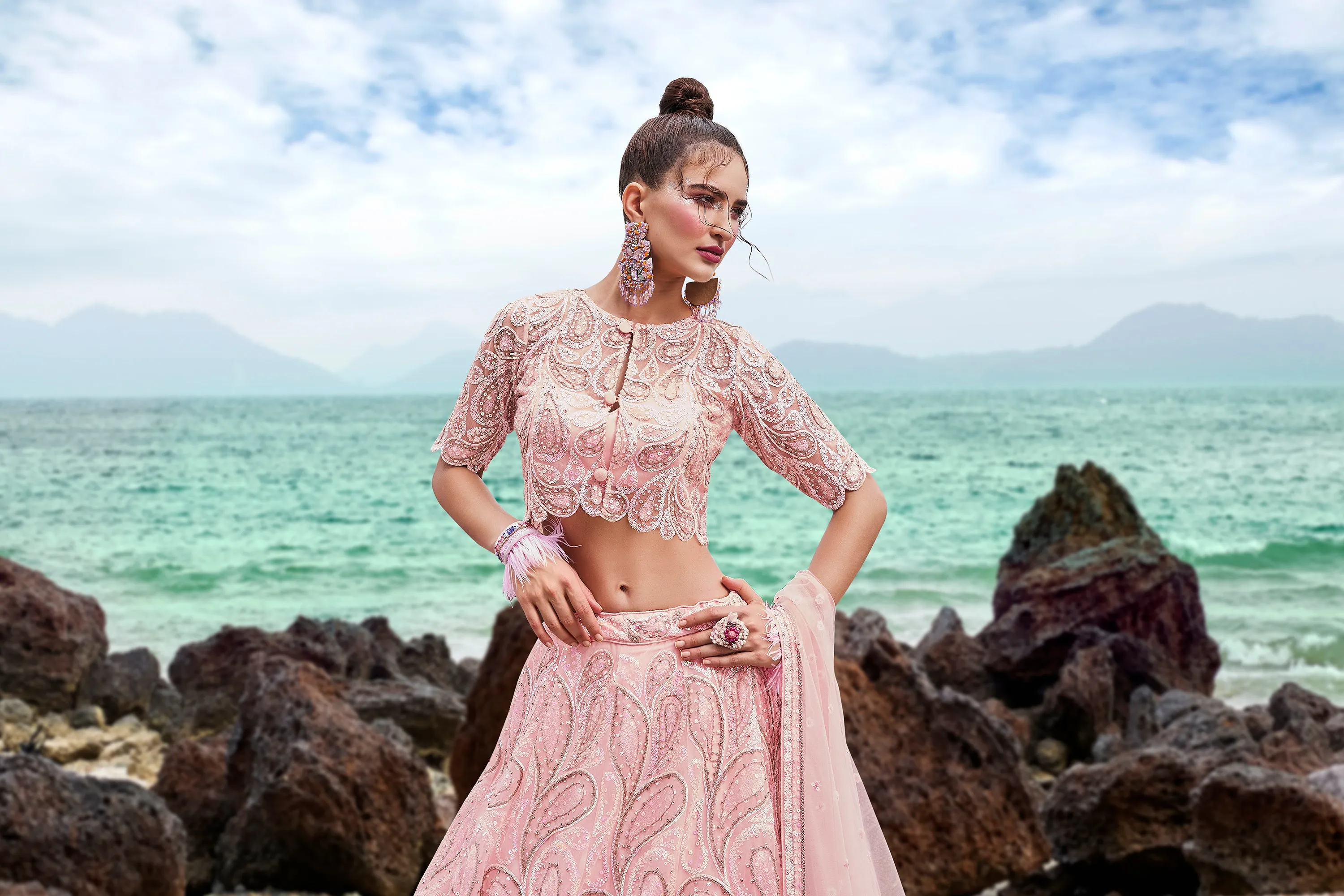 Coral Net Multi Sequins with heavy Zarkan embroidery Semi-Stitched Lehenga choli & Dupatta