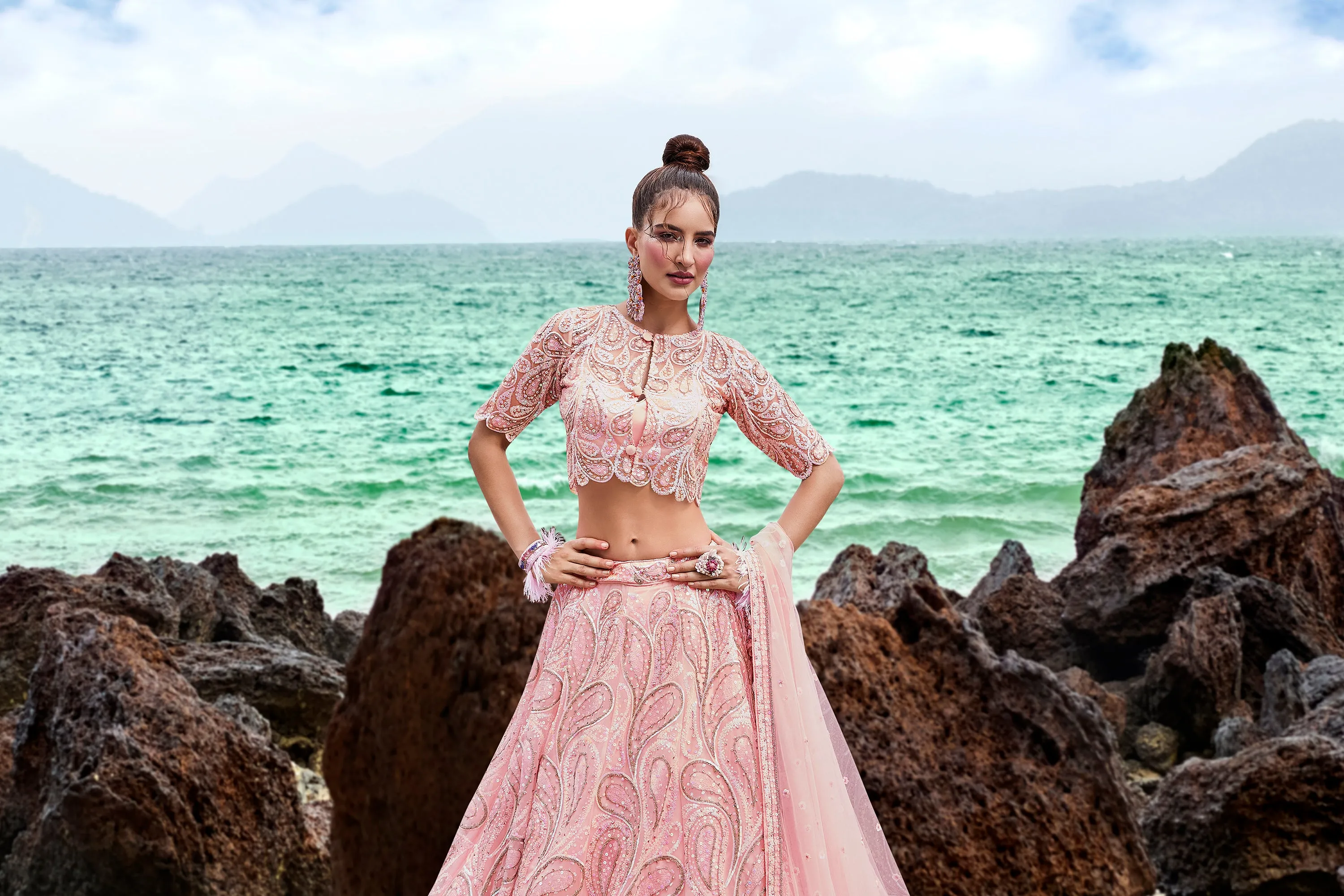 Coral Net Multi Sequins with heavy Zarkan embroidery Semi-Stitched Lehenga choli & Dupatta