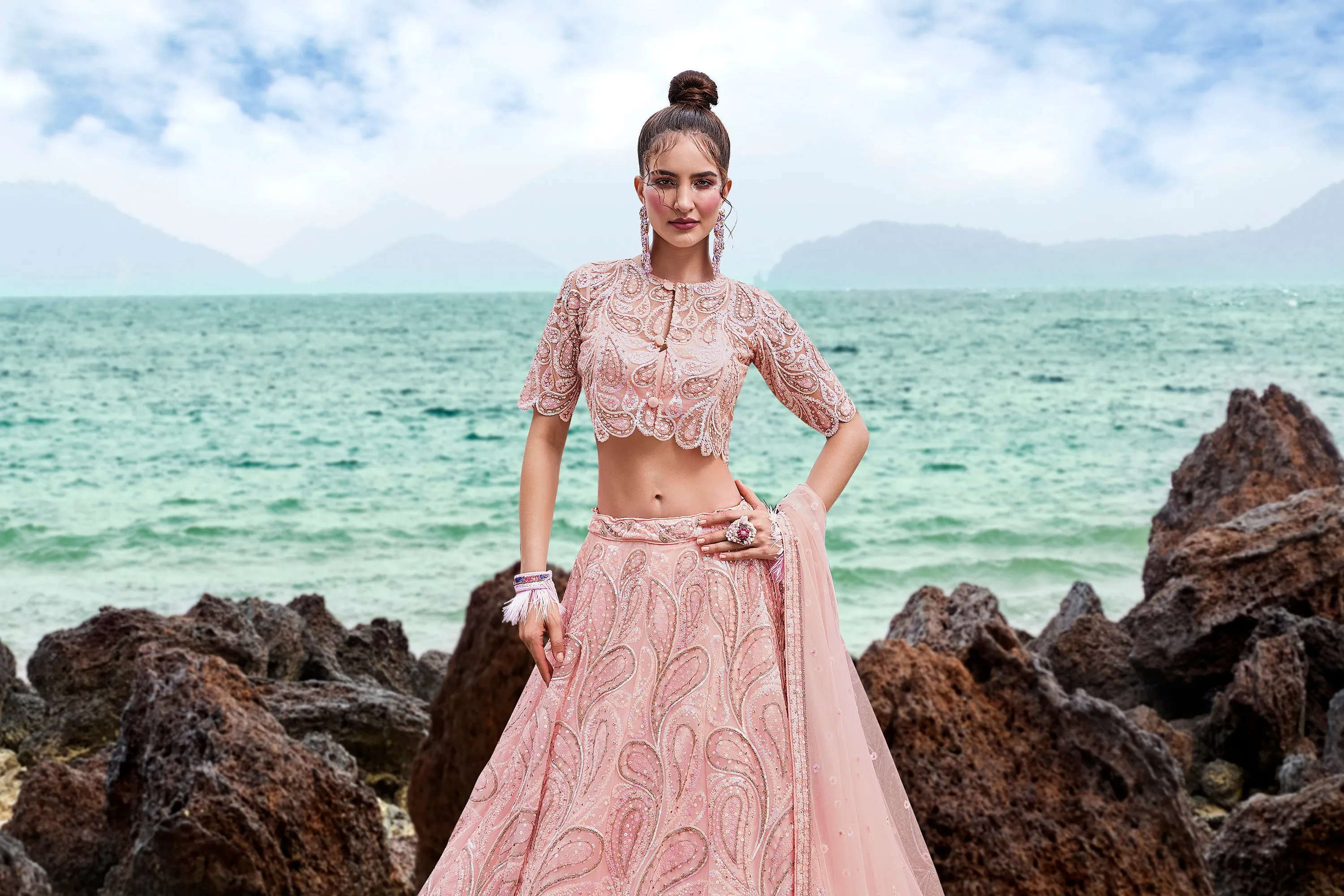 Coral Net Multi Sequins with heavy Zarkan embroidery Semi-Stitched Lehenga choli & Dupatta