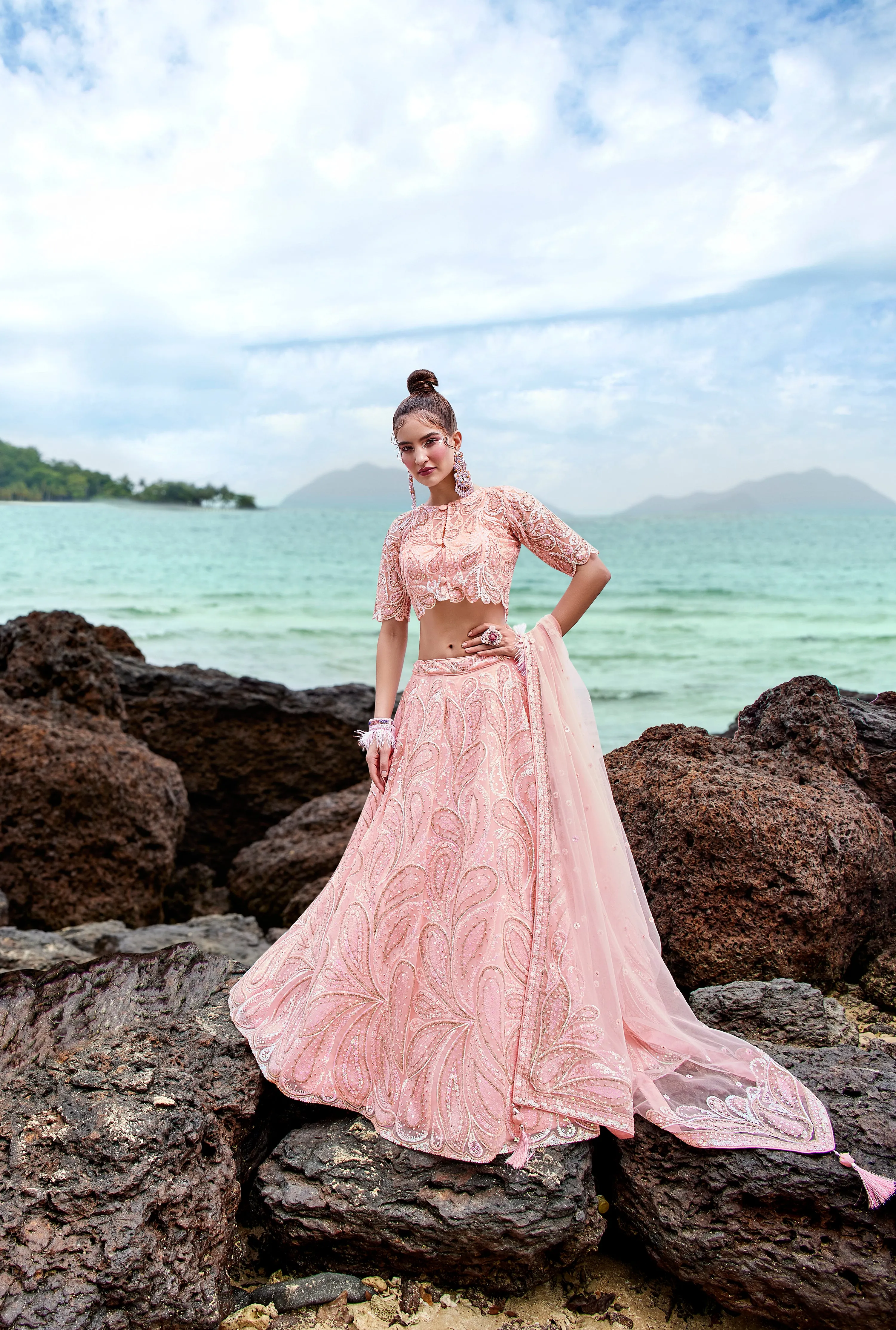 Coral Net Multi Sequins with heavy Zarkan embroidery Semi-Stitched Lehenga choli & Dupatta